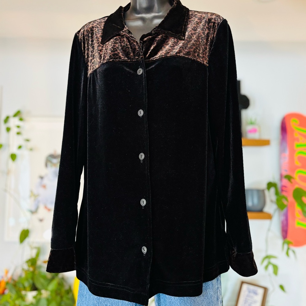 Vintage-Black and Leopard Velvet Button-Up Shirt